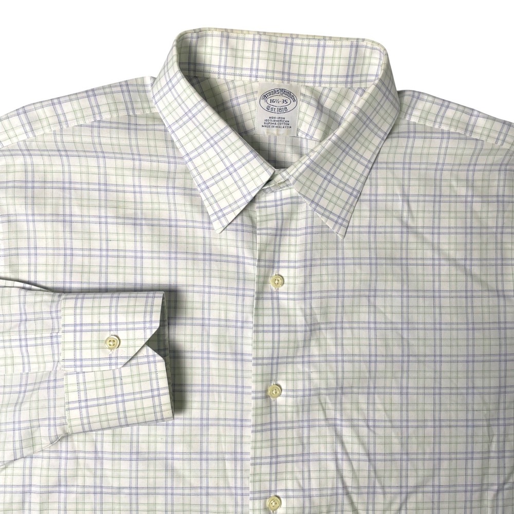 Brooks Brothers Dress Shirt Mens 16.5-35 White Green Blue Plaid Non-Iron Supima